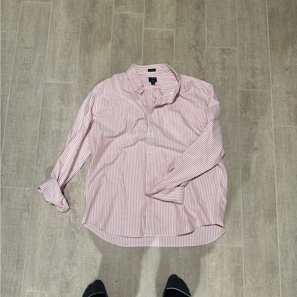 J. Crew Men's Red and White Striped Button Down Shirt